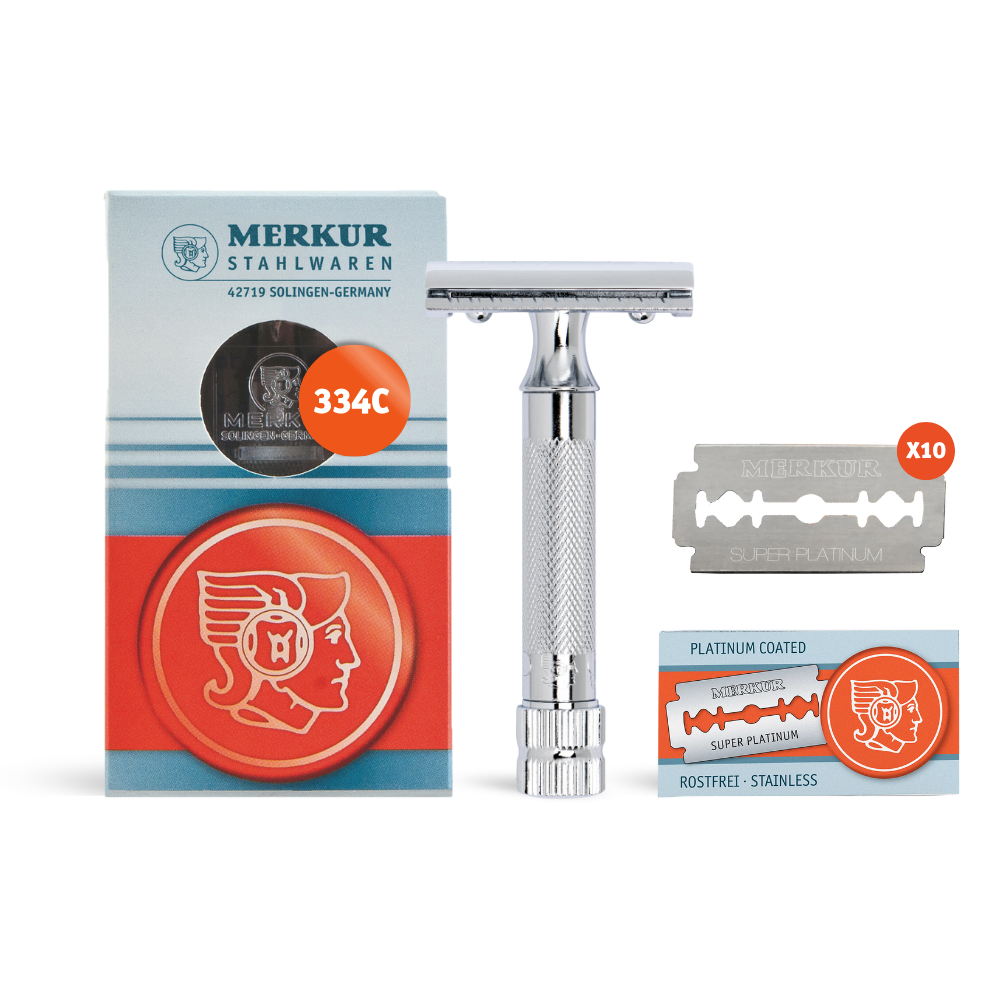 Merkur 34C 2-Piece DE Safety Razor, Closed Comb, Knurled Extra Thick Handle (HD), Chrome, in Hard Plastic Case with 10 Blades