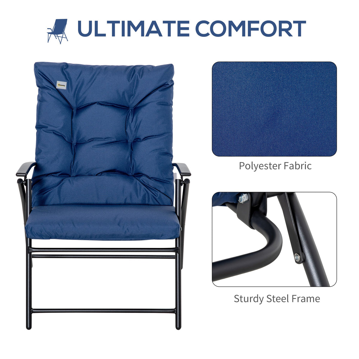 Foldable Lounge Chair, Fabric Upholstered Recliner, Outdoor Lounger with Armrest, Metal Frame for Backyard, Black