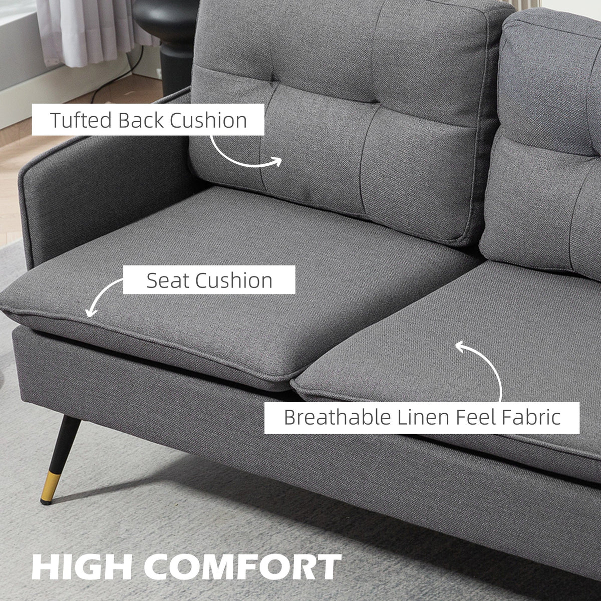55" Loveseat Sofa, Linen Love Seat w/ S spring, Steel Legs and Button Tufting, Small Couch for Living Room, Dark Grey