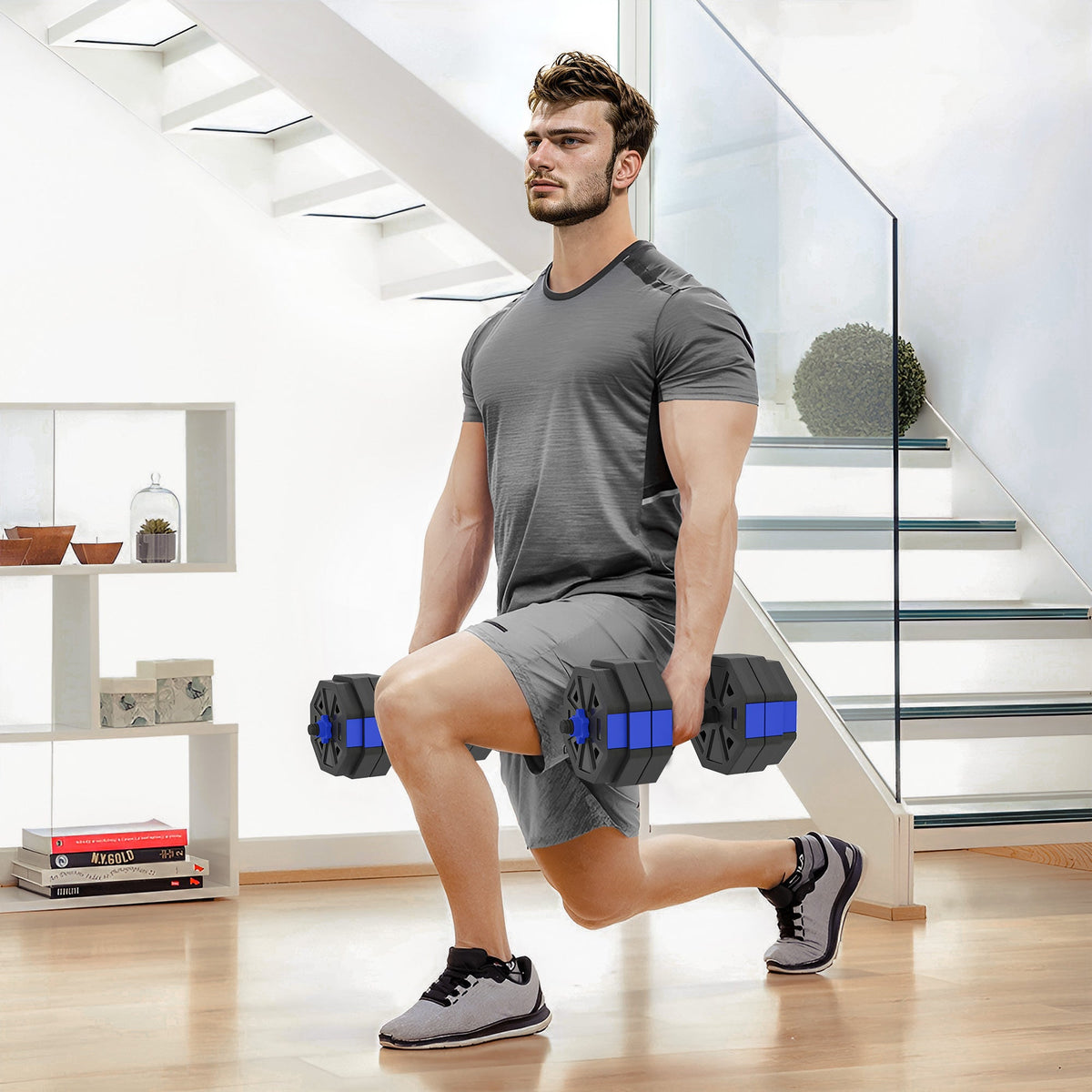 6-in-1 Adjustable Dumbbell Set, Used as Kettlebell, Barbell, Dumbbell, Push-Up Stand, 44lbs Free Weights Set, Blue