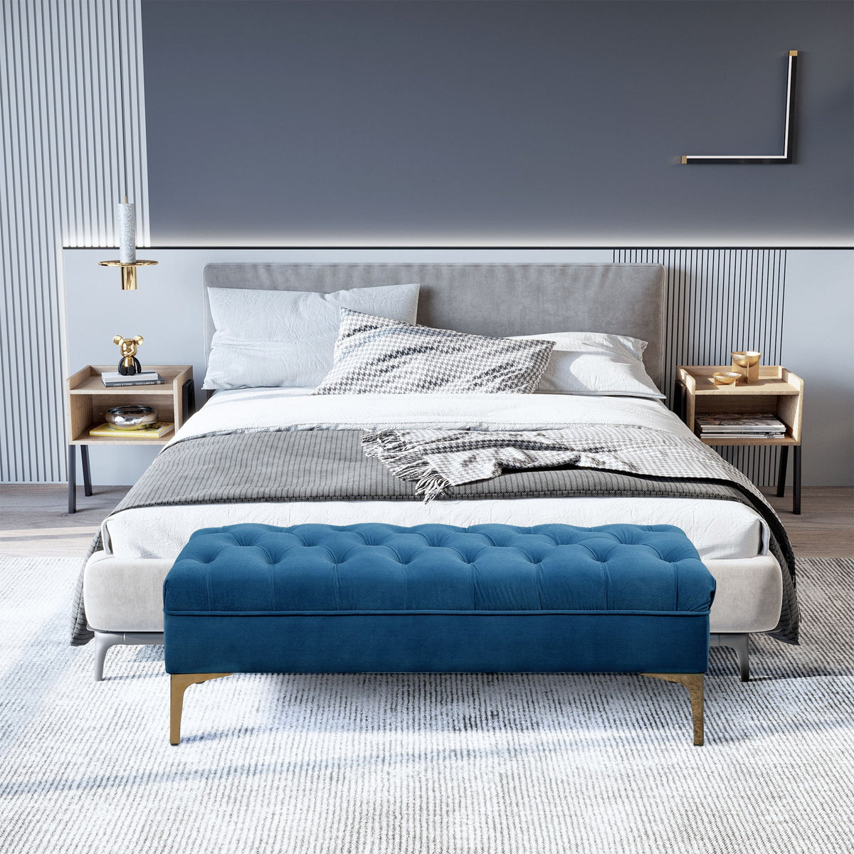 End of Bed Bench, Upholstered Bench, Entryway Shoe Bench with Button Tufted for Living Room, Bedroom, Blue