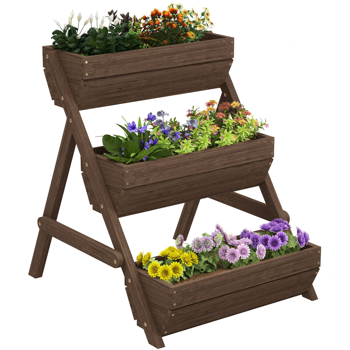 3 Tier Elevated Planter Box, Vertical Wooden Raised Garden Bed for Flowers, Vegetables, 26" x 30" x 30", Brown