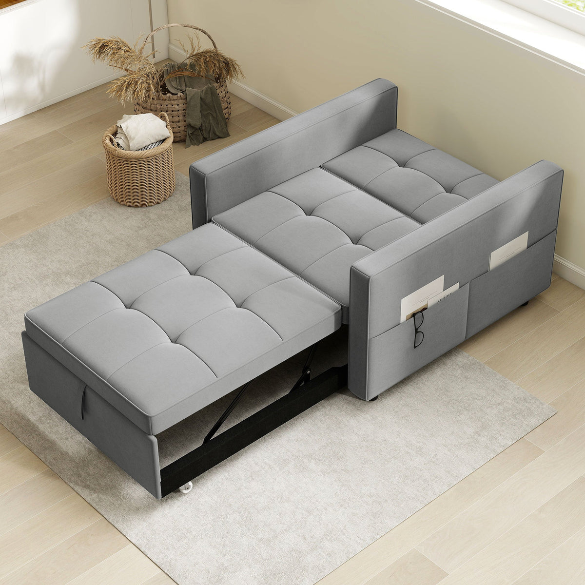 Convertible Chair Bed, Pull Out Sleeper Chair with USB, Adjustable Backrest, Small Velvet Futon Sofa Bed, Cream White