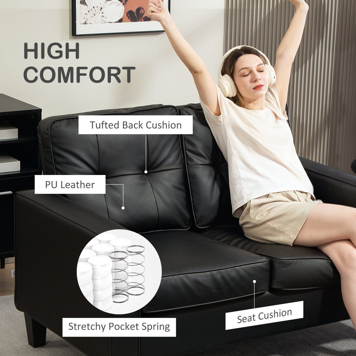 51" Double Sofa Couch, Upholstered PU Leather Loveseat with Armrests, Tufted Backrest, Cushion, Black