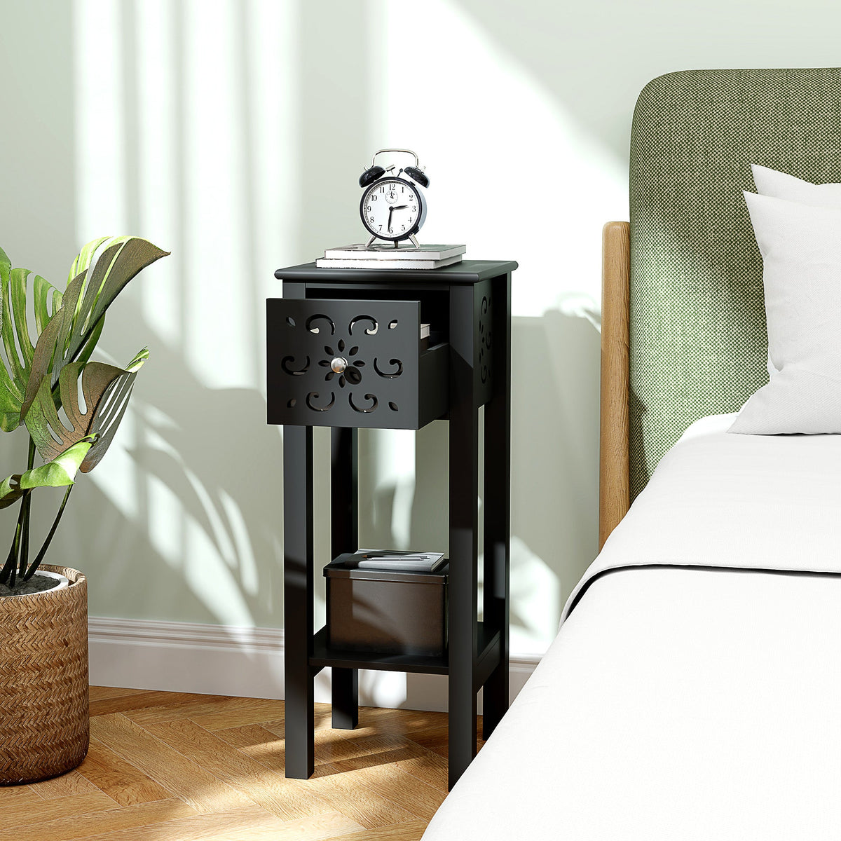 Nightstand Set of 2 with Drawer and Open Storage Shelf Black