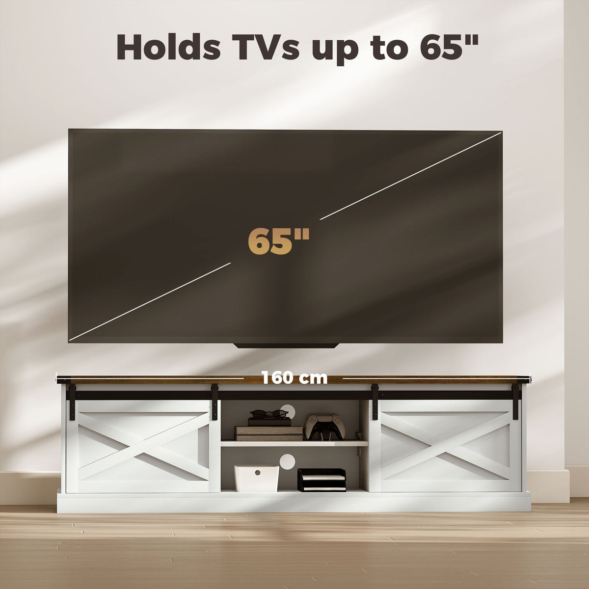 TV Stand for TVs up to 65 Inch, Entertainment Center with Shelves, Cabinets, Sliding Barn Doors, Thick Top, White