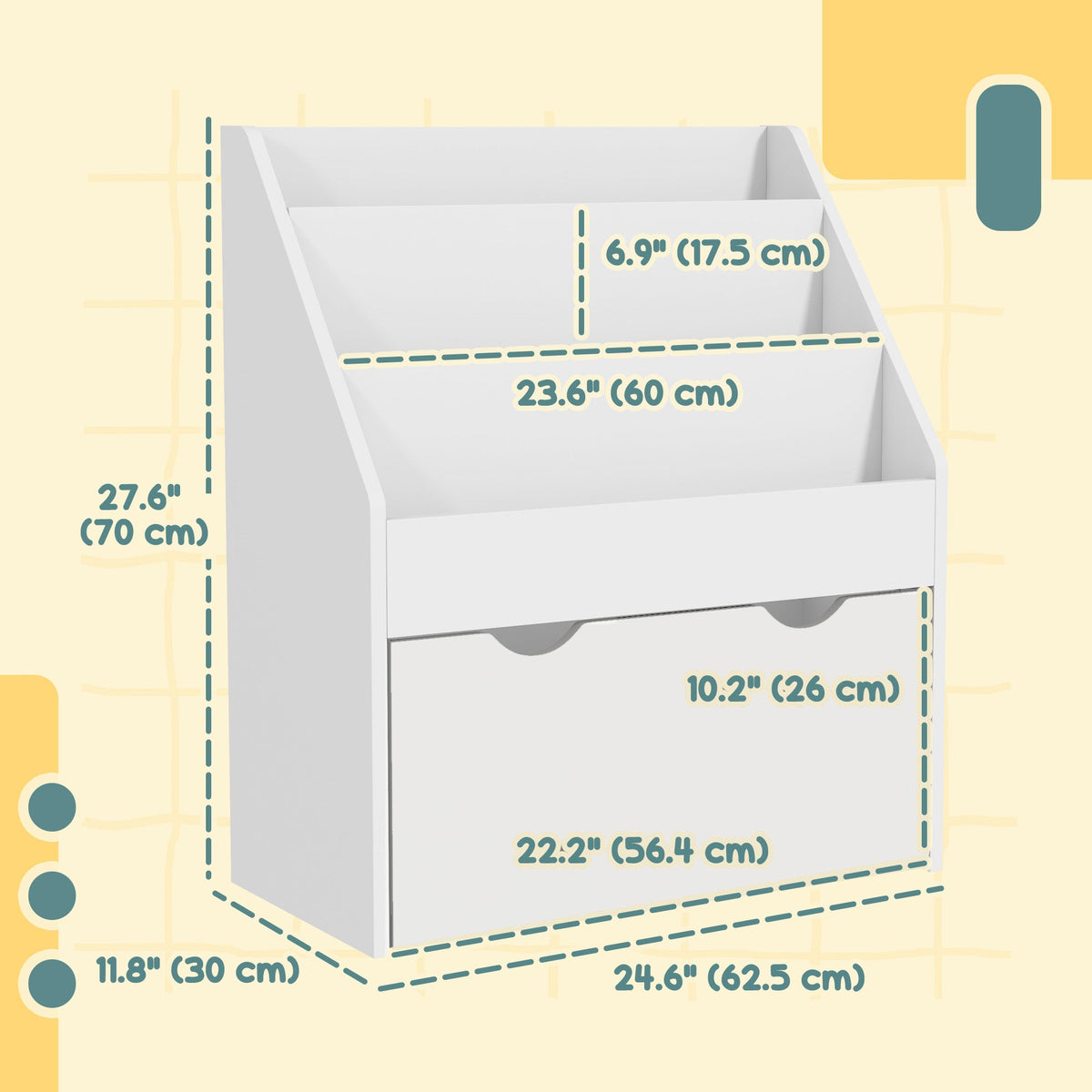 Kids Bookshelf with 3 Tier Display Shelves, Drawer for Nursery, Grey