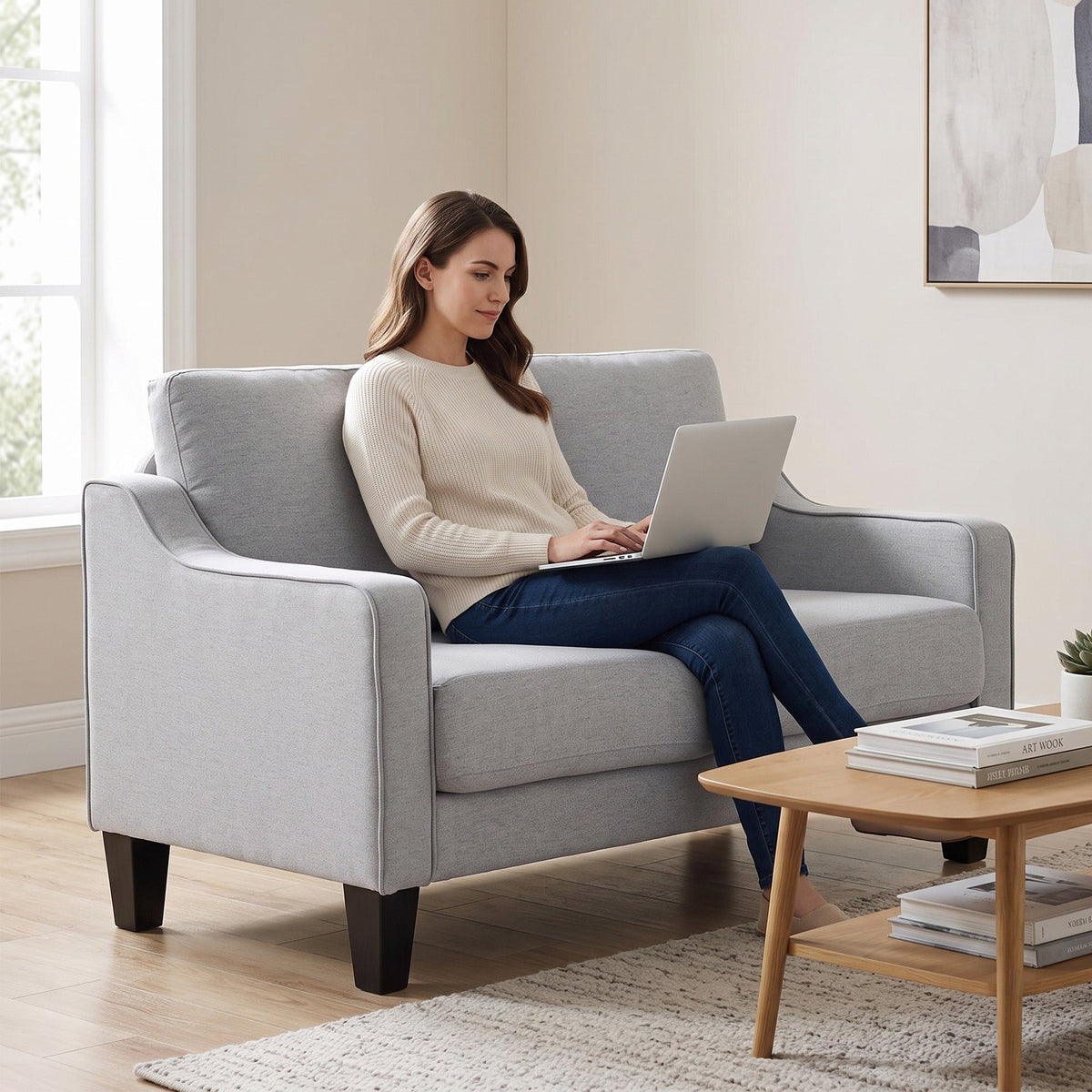 Loveseat Sofa, Modern Couch with Pocket Spring, Linen Upholstered, Thick Padded, Beige