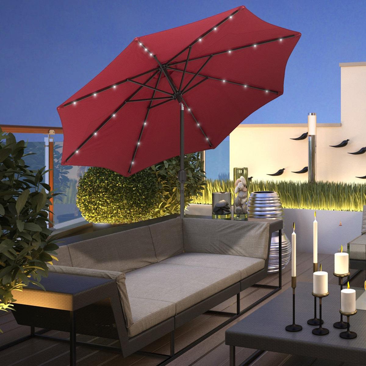 9ft Solar Patio Umbrella Outdoor Sunshade 24 LED Lights Tilt Canopy Wine Red