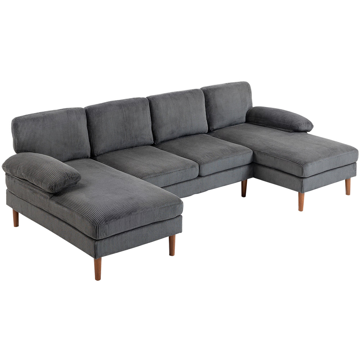 U Shape Couch with Double Chaise Lounge, Modern 4 Seater Sofa with Wooden Legs, Fabric Sofa for Living Room, Dark Grey