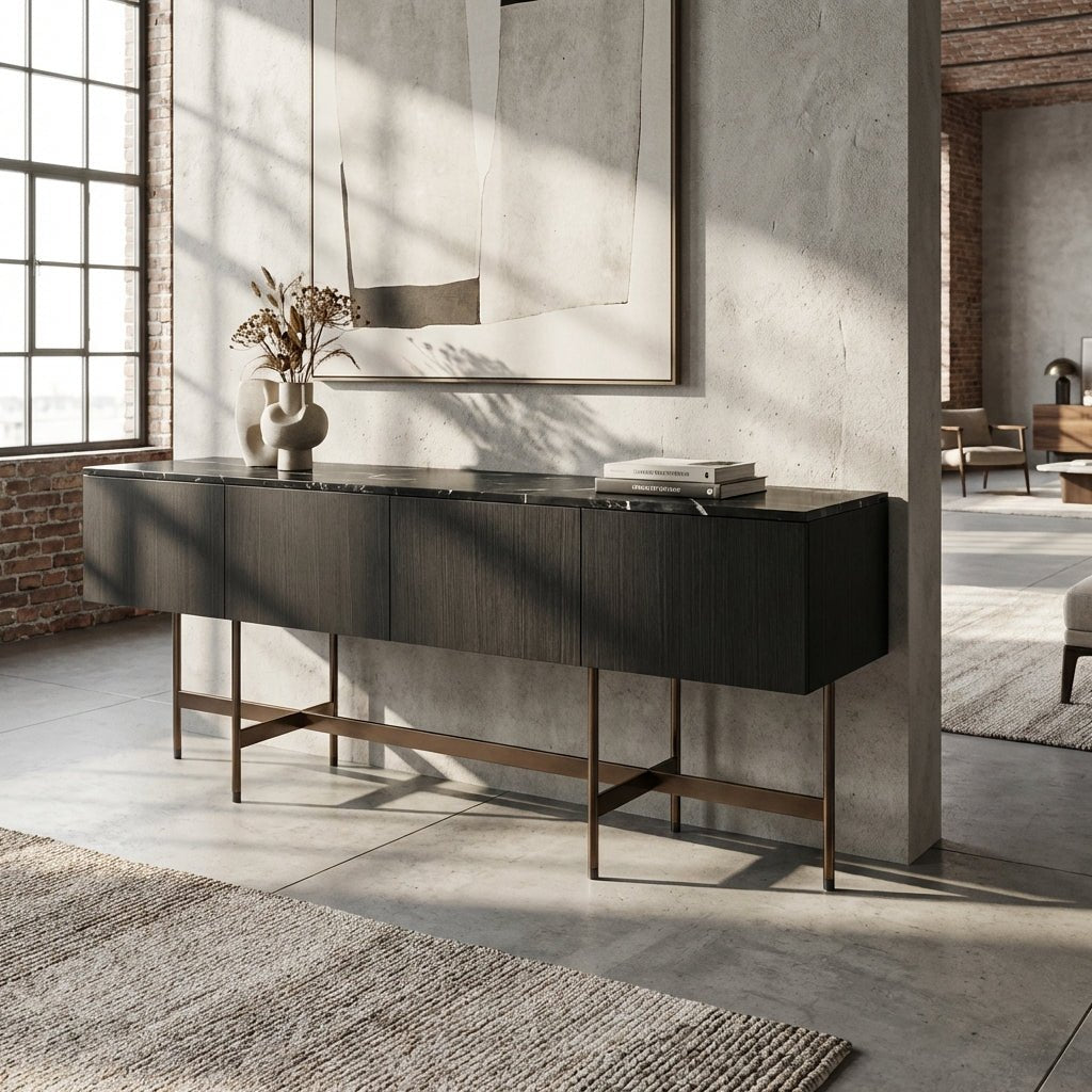 Nero Marquina Marble and Black Veneer Buffet