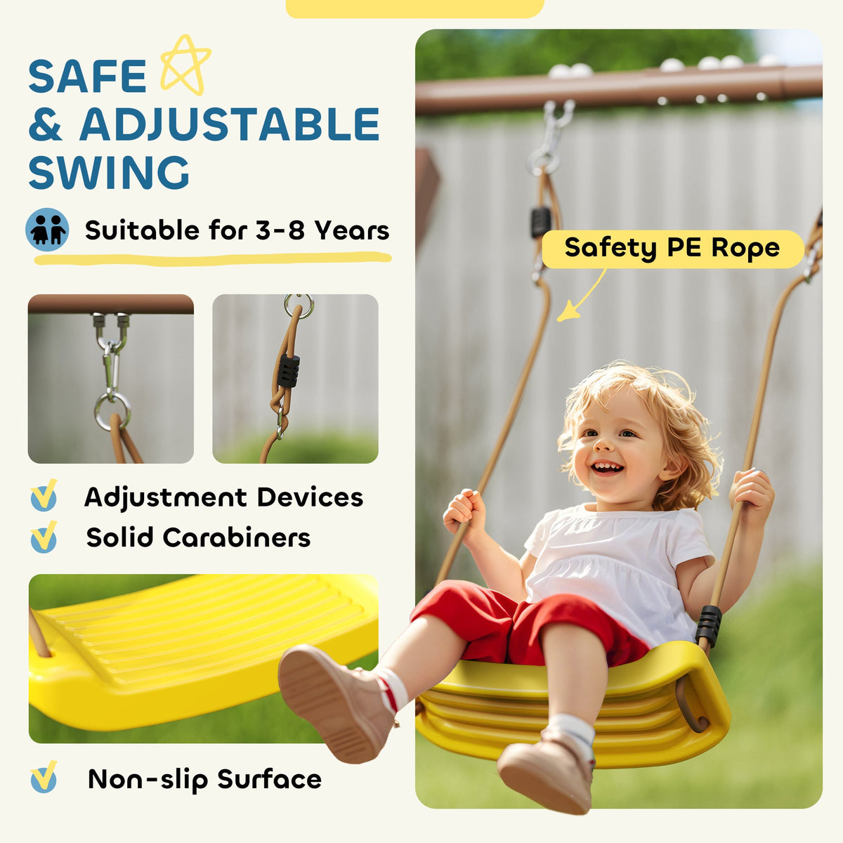 4-in-1 Kids Swing Set for Playground with Slide, Covered Fort, Climbing Ladder, Ground Stakes, for Kids Ages 3-8, Brown
