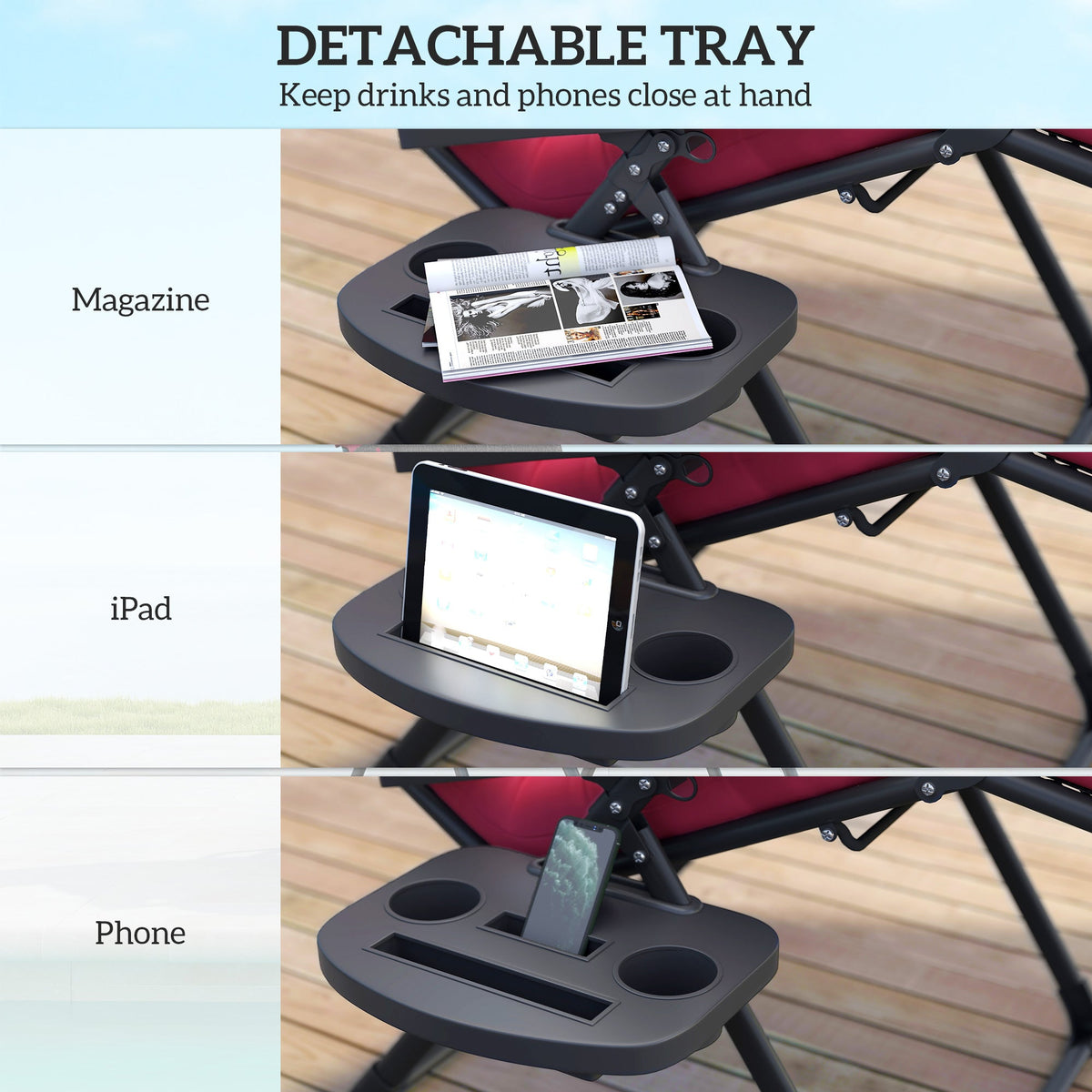 Padded Folding Recliner Chair, Patio Lounger with Cupholder, Adjustable Backrest, Removable Cushion, Black