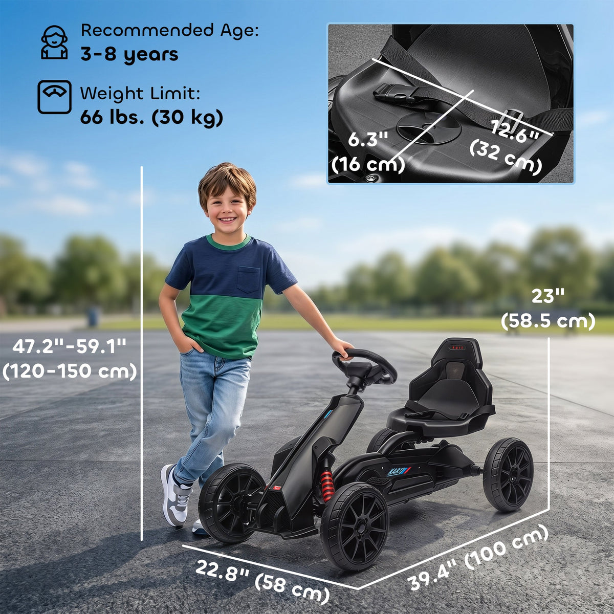 Pedal Go Kart with Adjustable Seat, Forward, Backward, Handbrake, Shock Absorption for 3-8 Years, Black