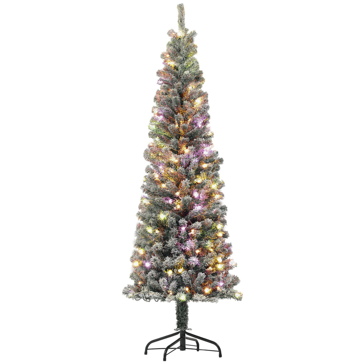 6ft Prelit Pencil Artificial Christmas Tree, Flocked Xmas Tree with Remote, Dual Colour LEDs, 429 Tips, Metal Stand