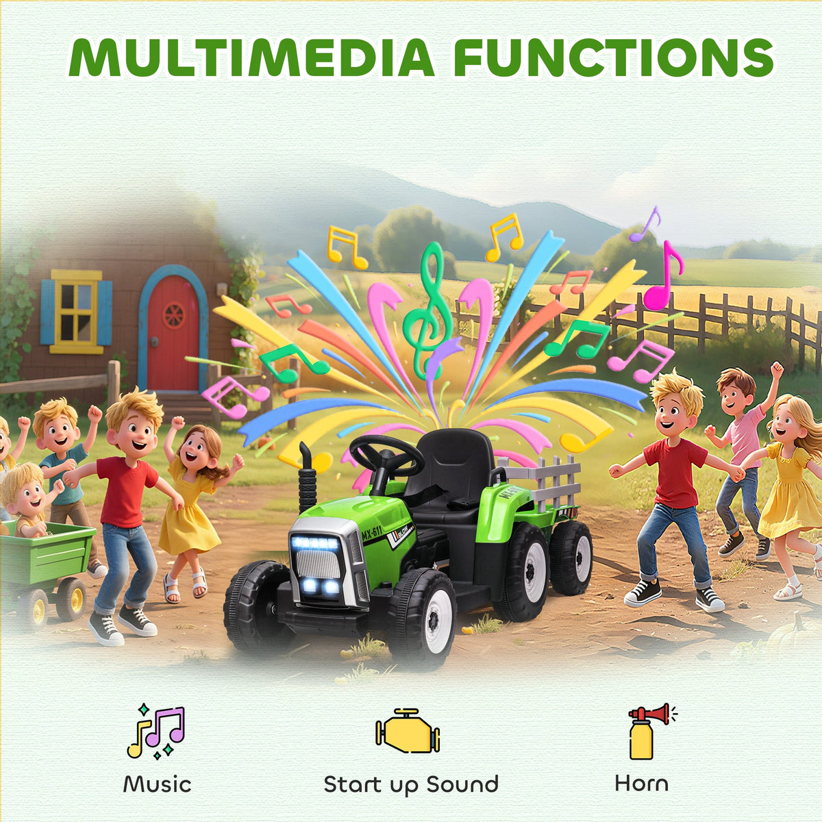 12V Kids Ride on Tractor with Trailer, Battery Powered Electric Kids Car with Remote Control, Music Start up Sound and Horn, USB, LED Lights, Green