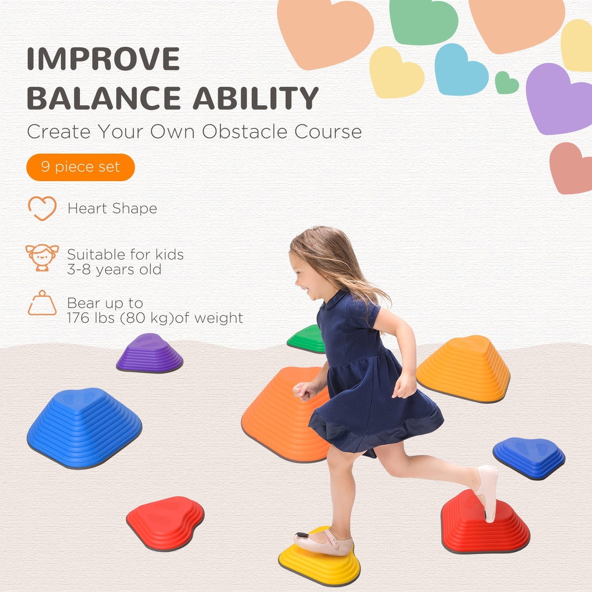 6PCs Non-Slip Stackable Kids Stepping Stones, Heart-Shaped