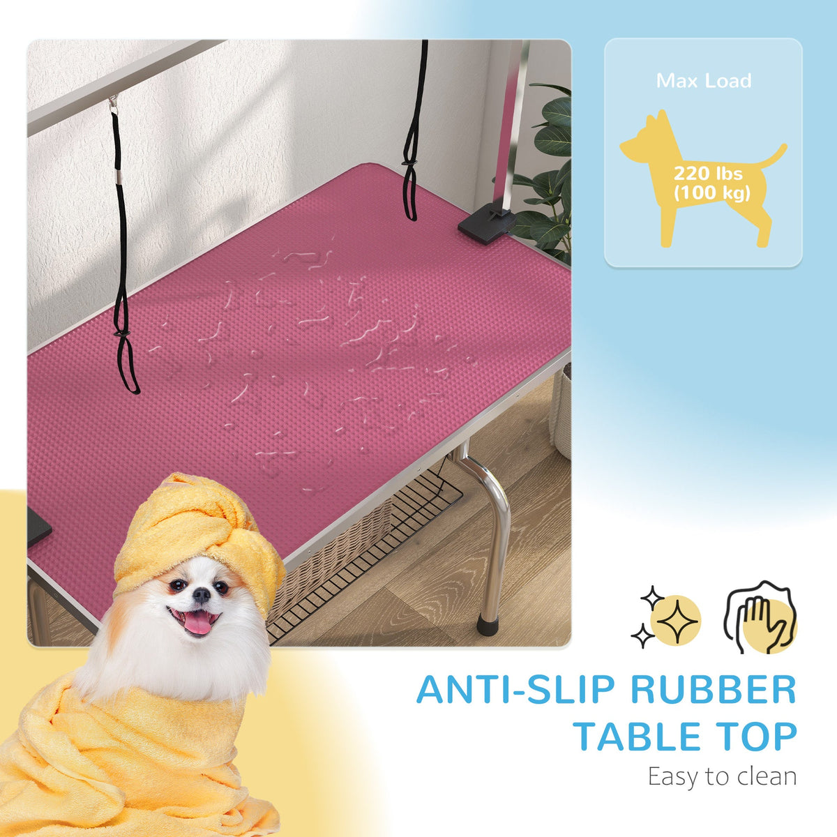 Adjustable Dog Grooming Table with 2 Safety Slings, Storage Basket, Black