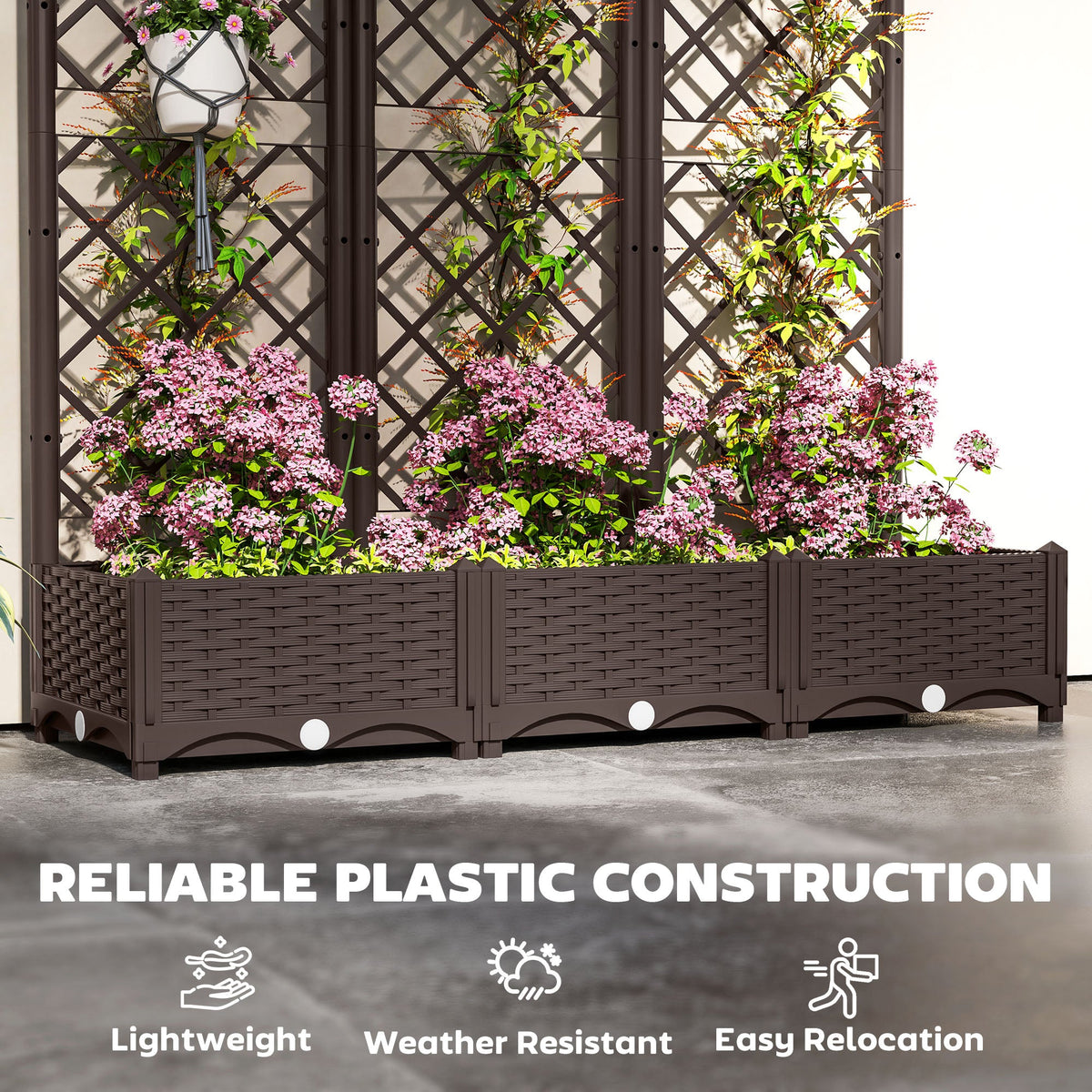 Raised Garden Bed with Trellis, Plastic Raised Flower Bed with Drainage Holes and Drain Plugs, 16" x 16" x 48"