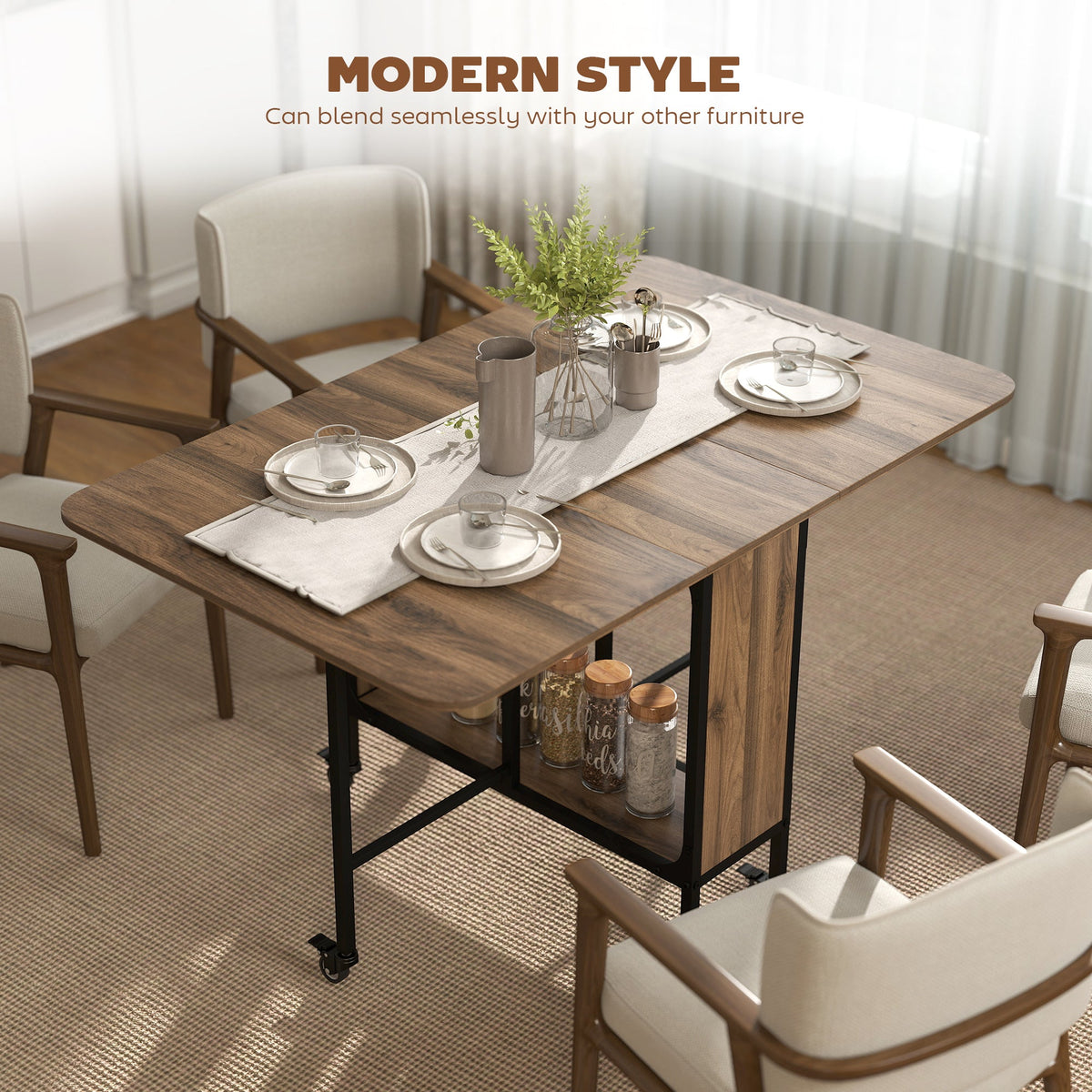 Folding Dining Table, Extendable Kitchen Table for Small Spaces with Storage Shelf and 6 Wheels, Distressed Grey