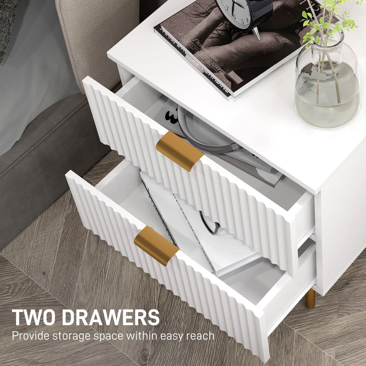 Bedside Table, Modern Nightstand with 2 Drawers, Side End Table with Metal Legs for Living Room, Bedroom, White