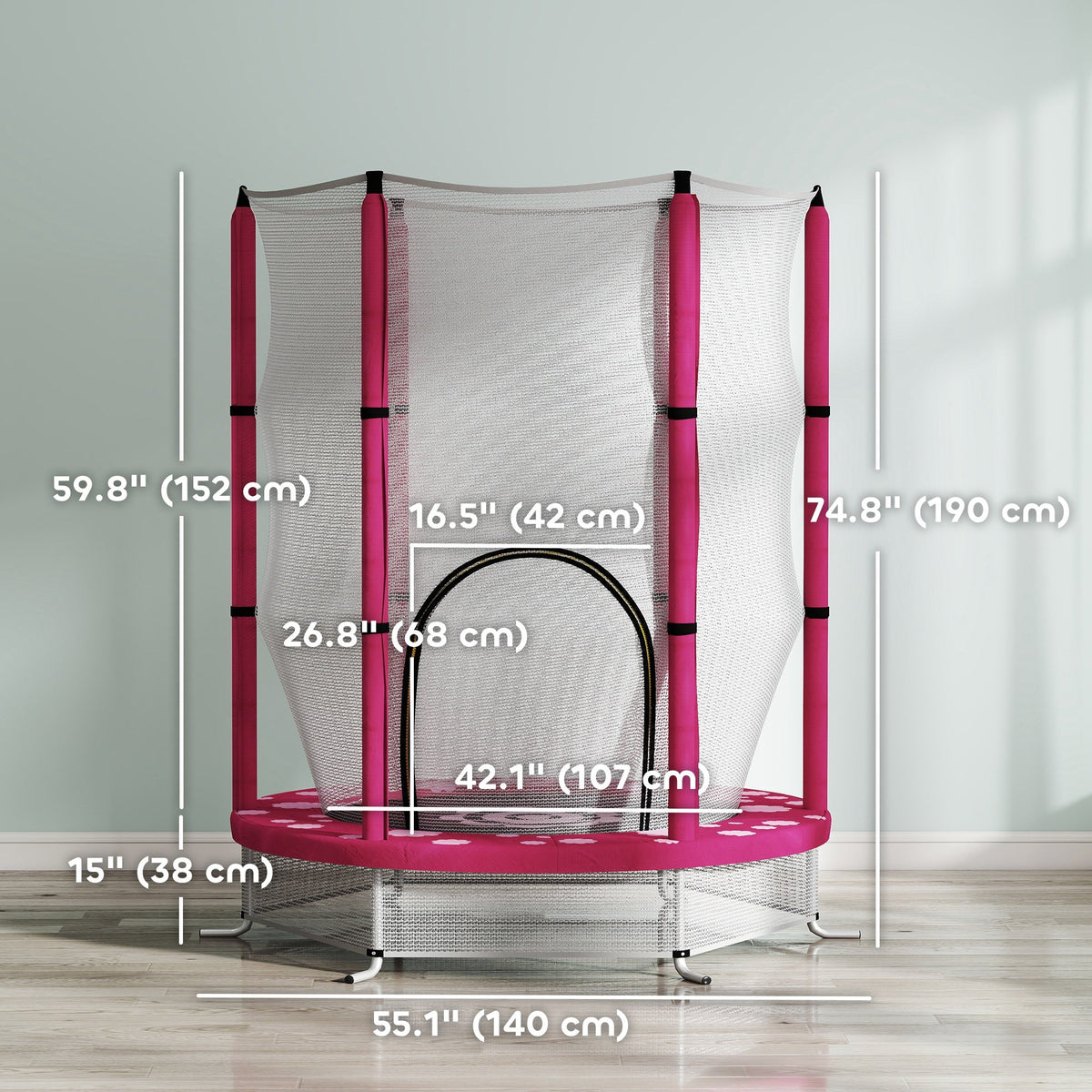 55" Toddler Trampoline with Safety Enclosure Net, for Indoor Outdoor Use, Ages 3-6 Years, Pink