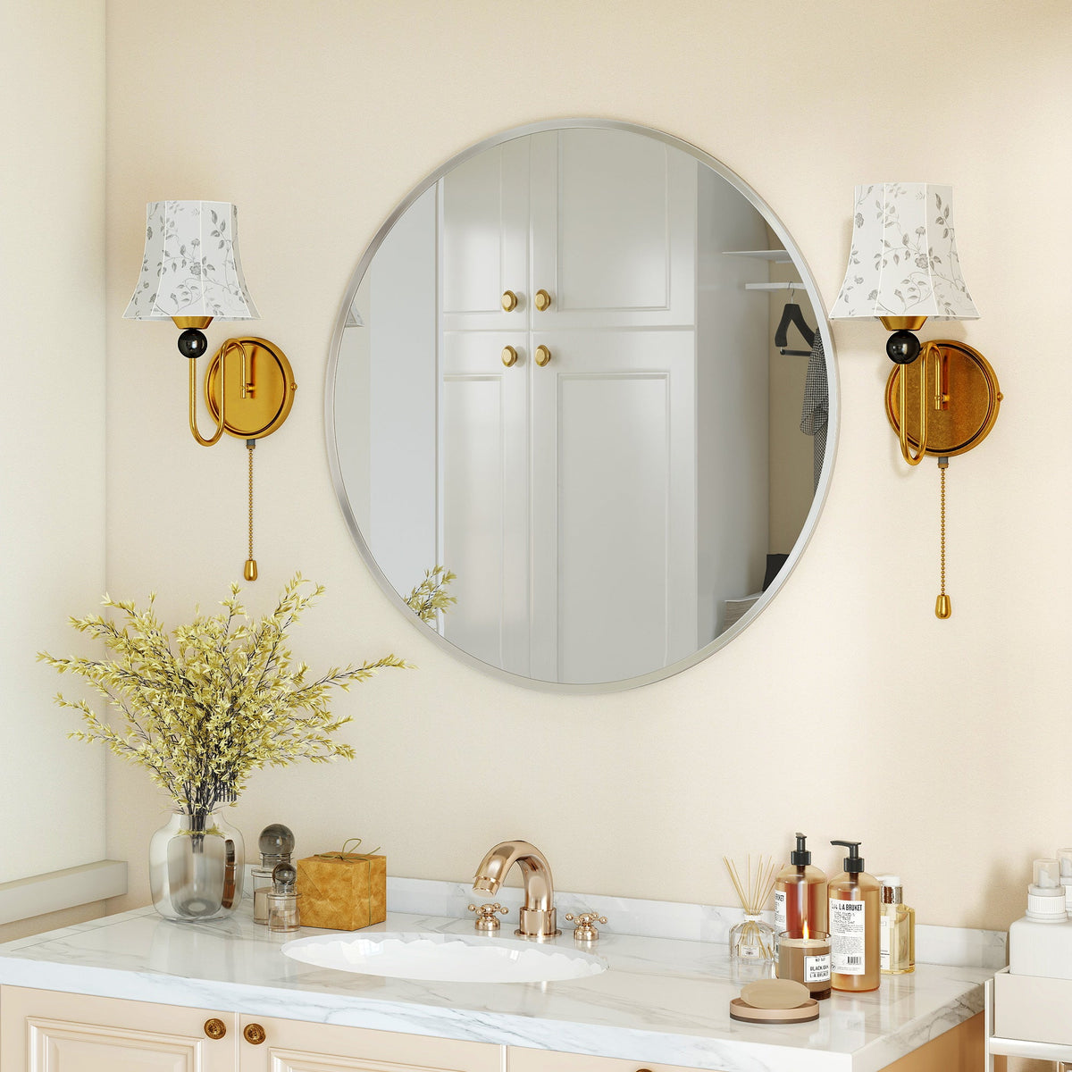 24" Decorative Wall Mirror for Bedroom Living Room, Modern Round Bathroom Mirror for Home Decor, Black