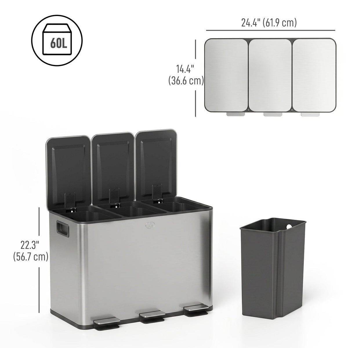 Garbage Bin, Soft-Close Trash Can with Foot Pedal, 3x5 Gallon (3x20 L) Garbage Can with Removable Inner Buckets, Black
