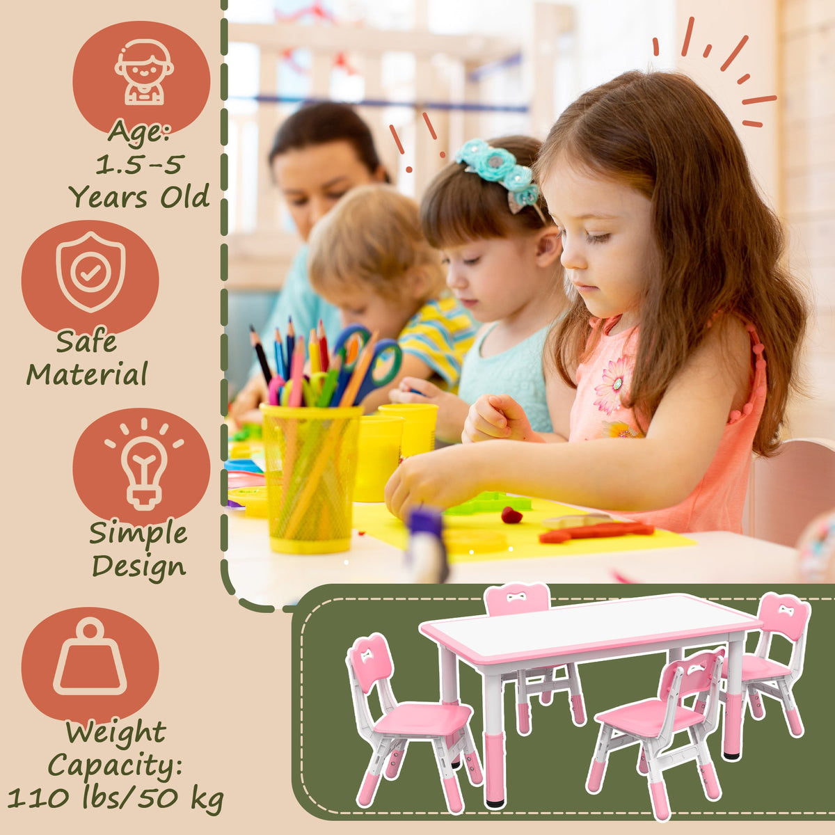 Kids Table and Chair Set with 4 Chairs, Adjustable Height, Easy to Clean, for 1.5 - 8 Years Old, Green