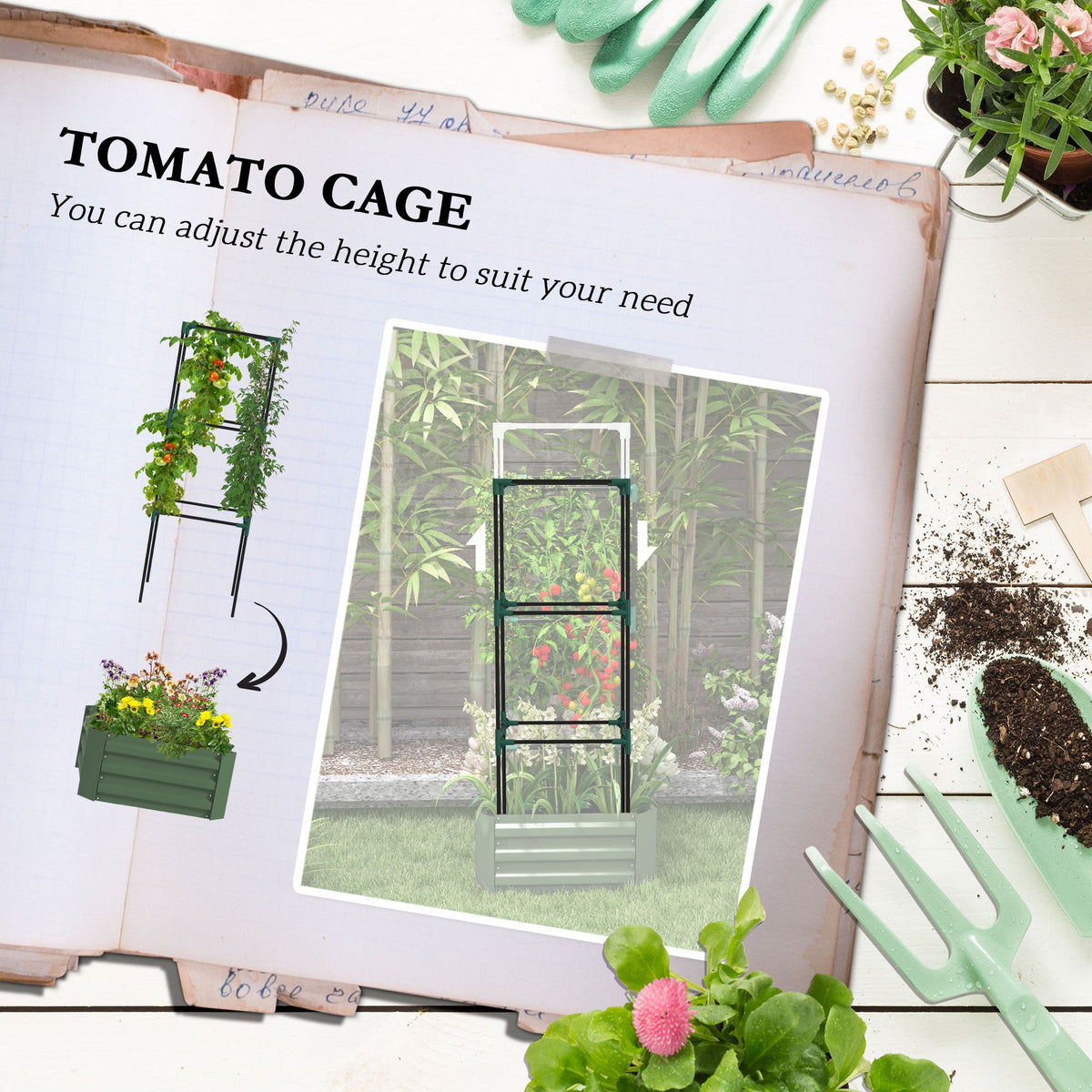 Galvanized Planter Box, Outdoor Raised Garden Bed with 3-Tier Trellis Tomato Cage for Climbing Vines, Vegetables, Brown