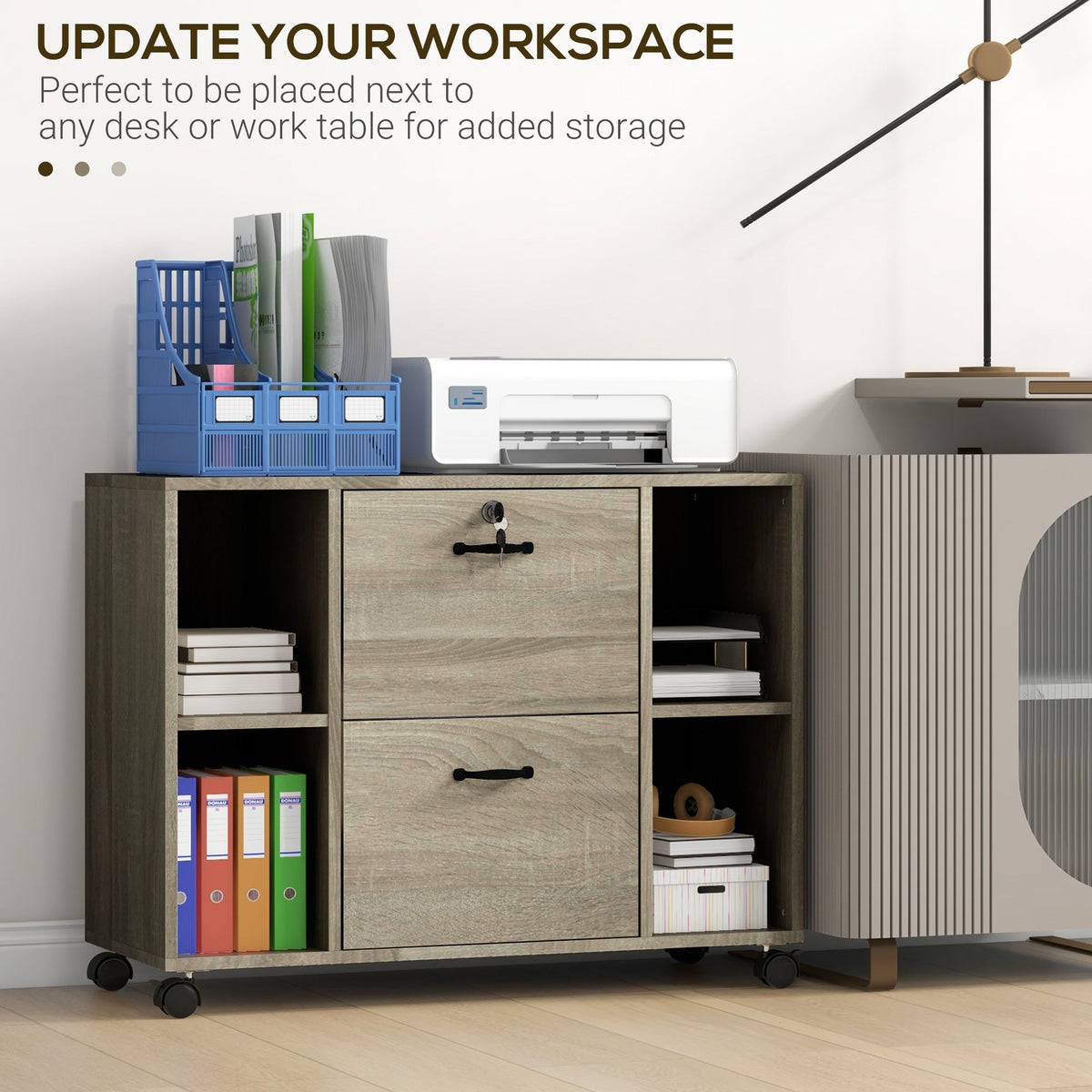 Lateral Filing Cabinet with Wheels and Lockable Drawer, File Cabinet, Mobile Printer Stand with Open Shelves for Letter and A4 Size Documents for Home Office, Grey