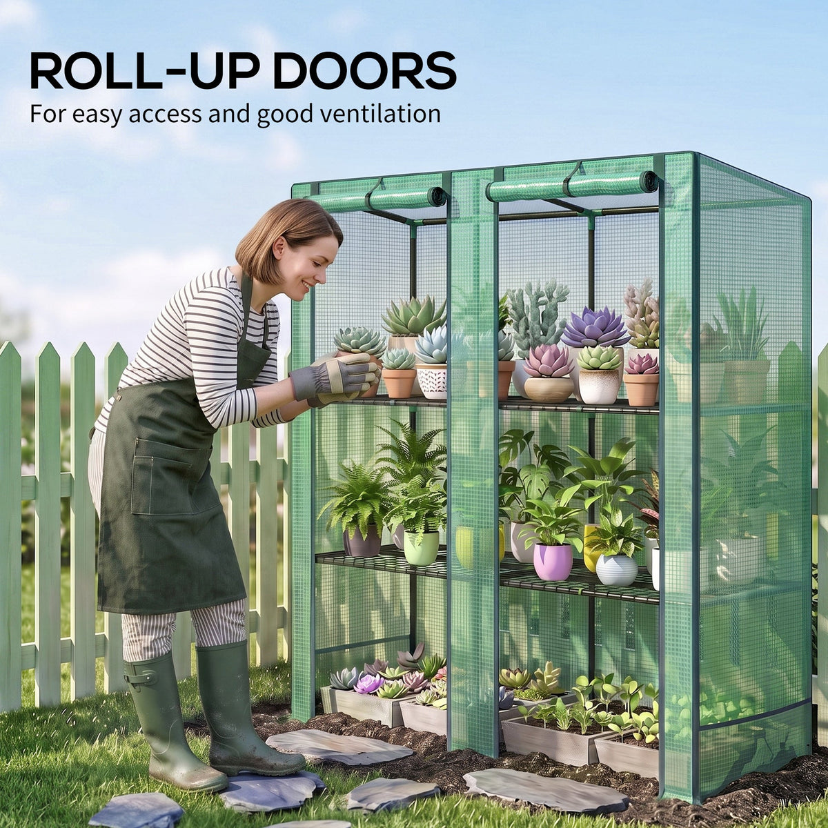 Mini Greenhouse with 3 Tier Shelves, 3 Roll-Up Doors for Indoor Outdoor, Green