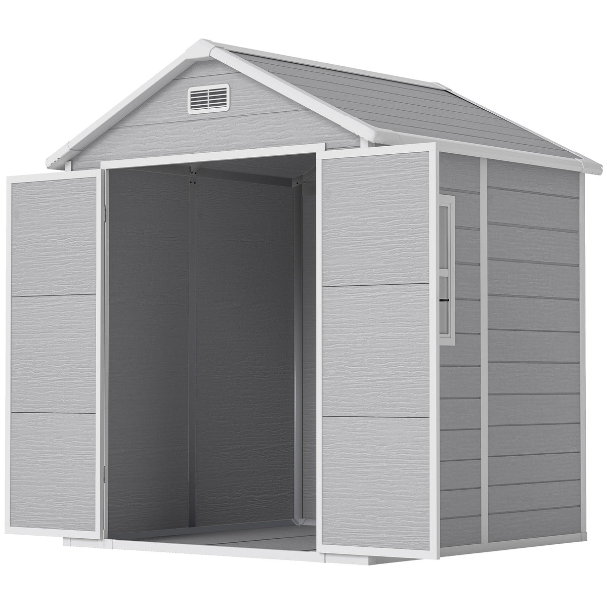 6x5 Plastic Garden Storage Shed with Floor Window Lockable Doors and Vents Outdoor Wood Effect Grey