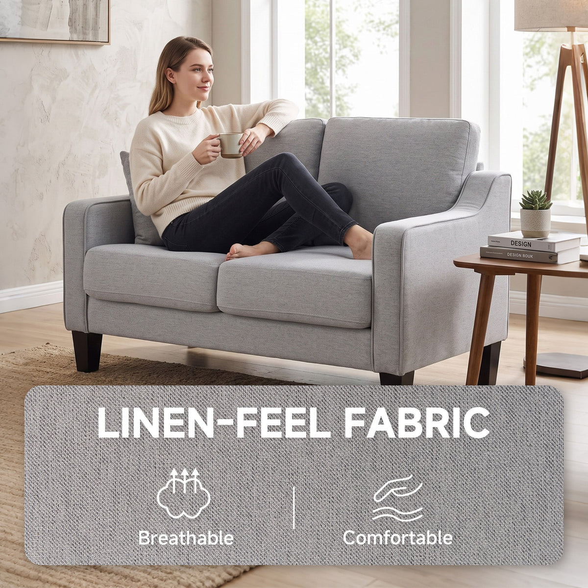 Loveseat Sofa, Modern Couch with Pocket Spring, Linen Upholstered, Thick Padded, Beige