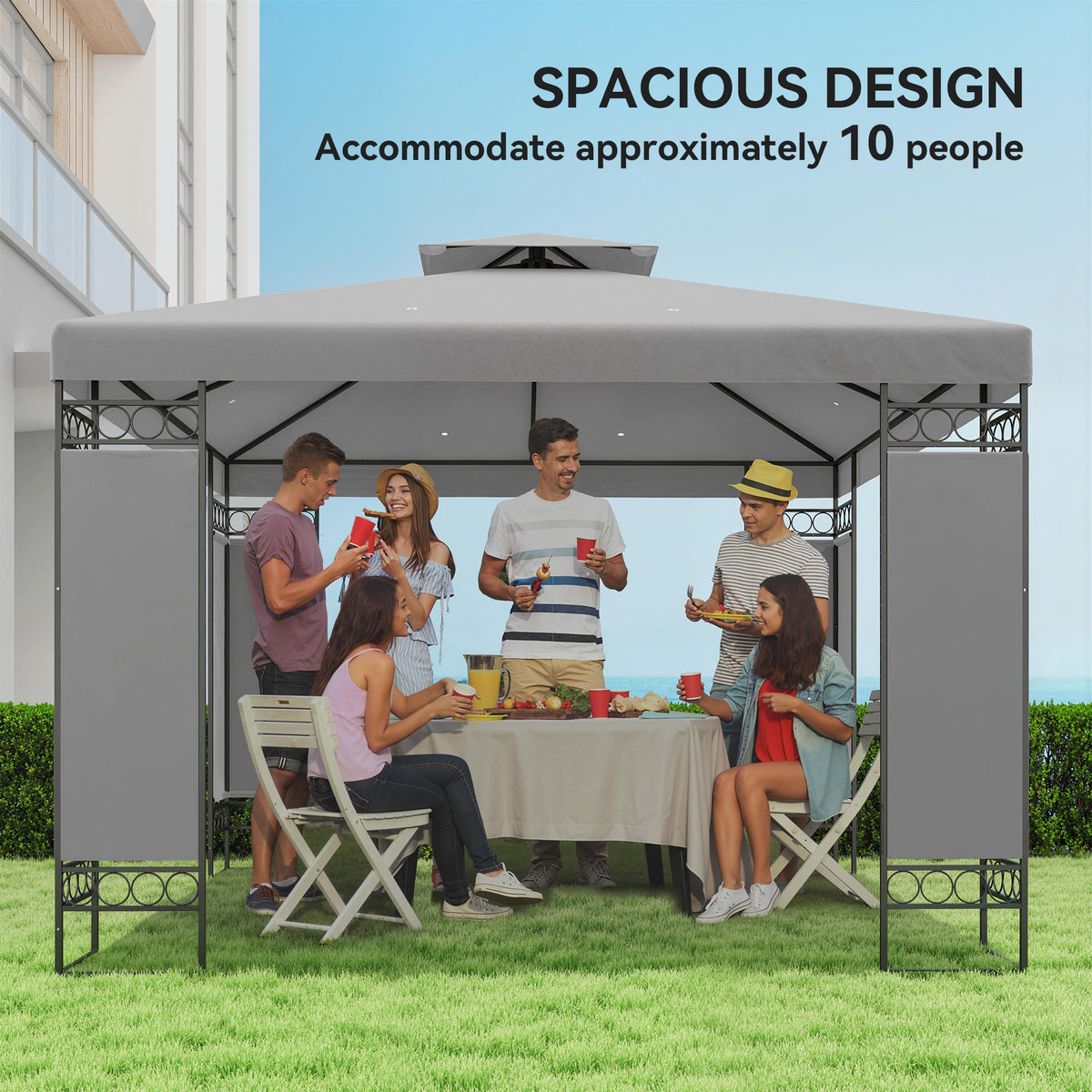 10 x 10 FT Canopy Gazebo, Double Roof Patio Gazebo with Screen Panels and Metal Frame for Deck, Backyard, Khaki