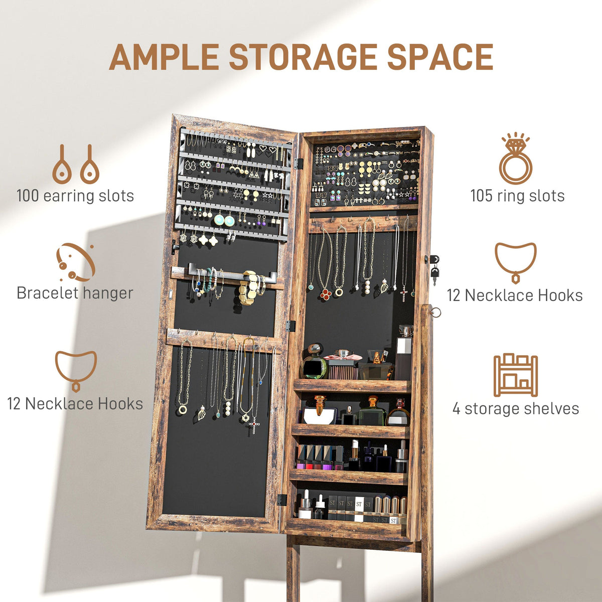 Mirror Jewelry Cabinet Armoire, Lockable Jewelry Organizer with Full-Length Mirror, 3 Angle Adjustable, Grey