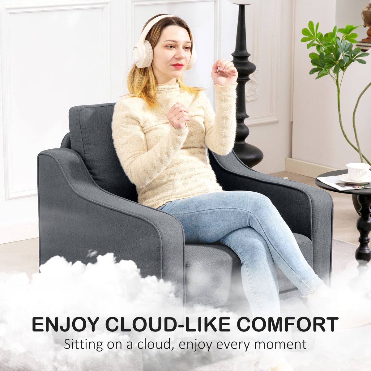 Armchair, Modern Accent Chair with Pocket Spring, Linen Upholstered, Thick Padded, Charcoal Grey