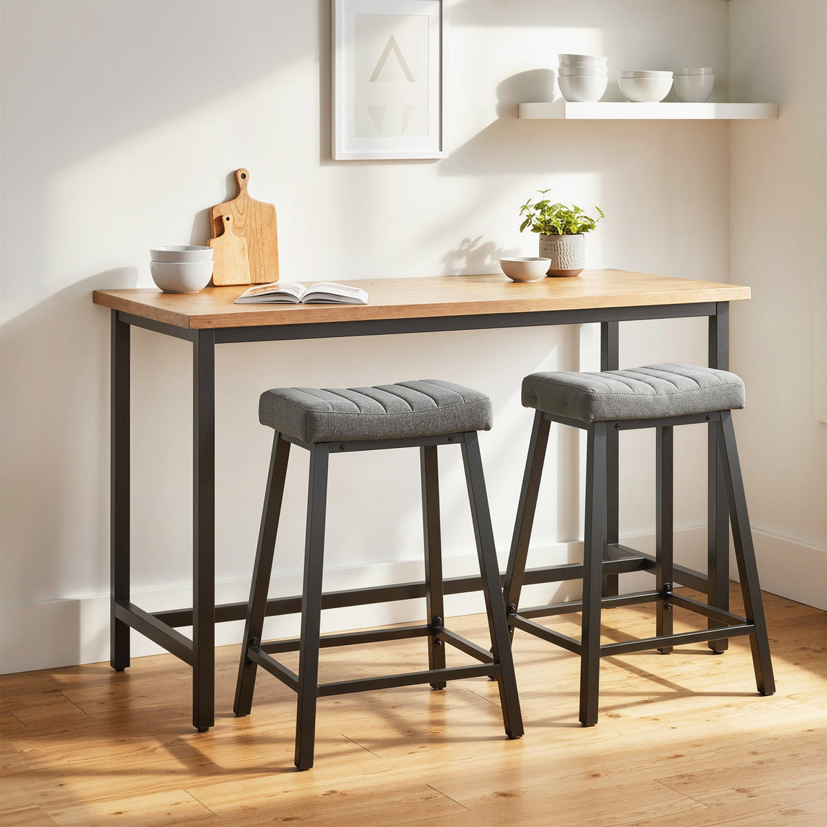 Set of 2 Bar Stools, Velvet Upholstered Counter Stools with Curved Seat and Footrest for Kitchen Island, Grey