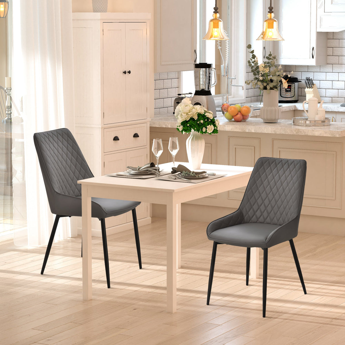 Blake Modern Dining Chairs Set of 2 with Diamond Tufting and Steel Legs-Grey
