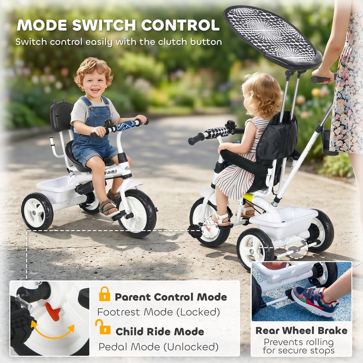 6 in 1 Kids Tricycle with Removable Handlebar and Canopy, Navy Blue