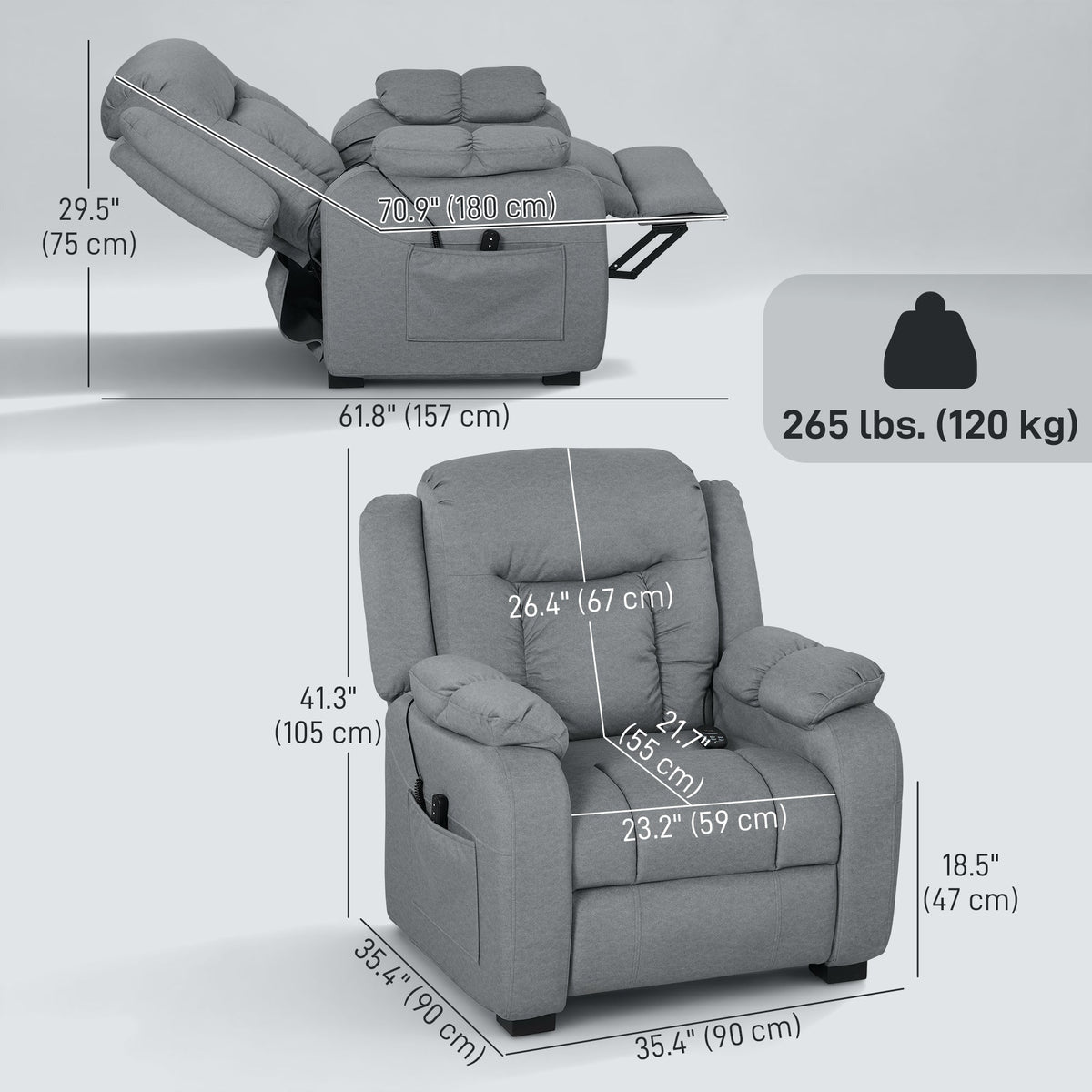 Massage Recliner Chair with Quiet Brushless Motor Pet-Friendly Fabric Power Recliner with 2 Memory Positions Brown