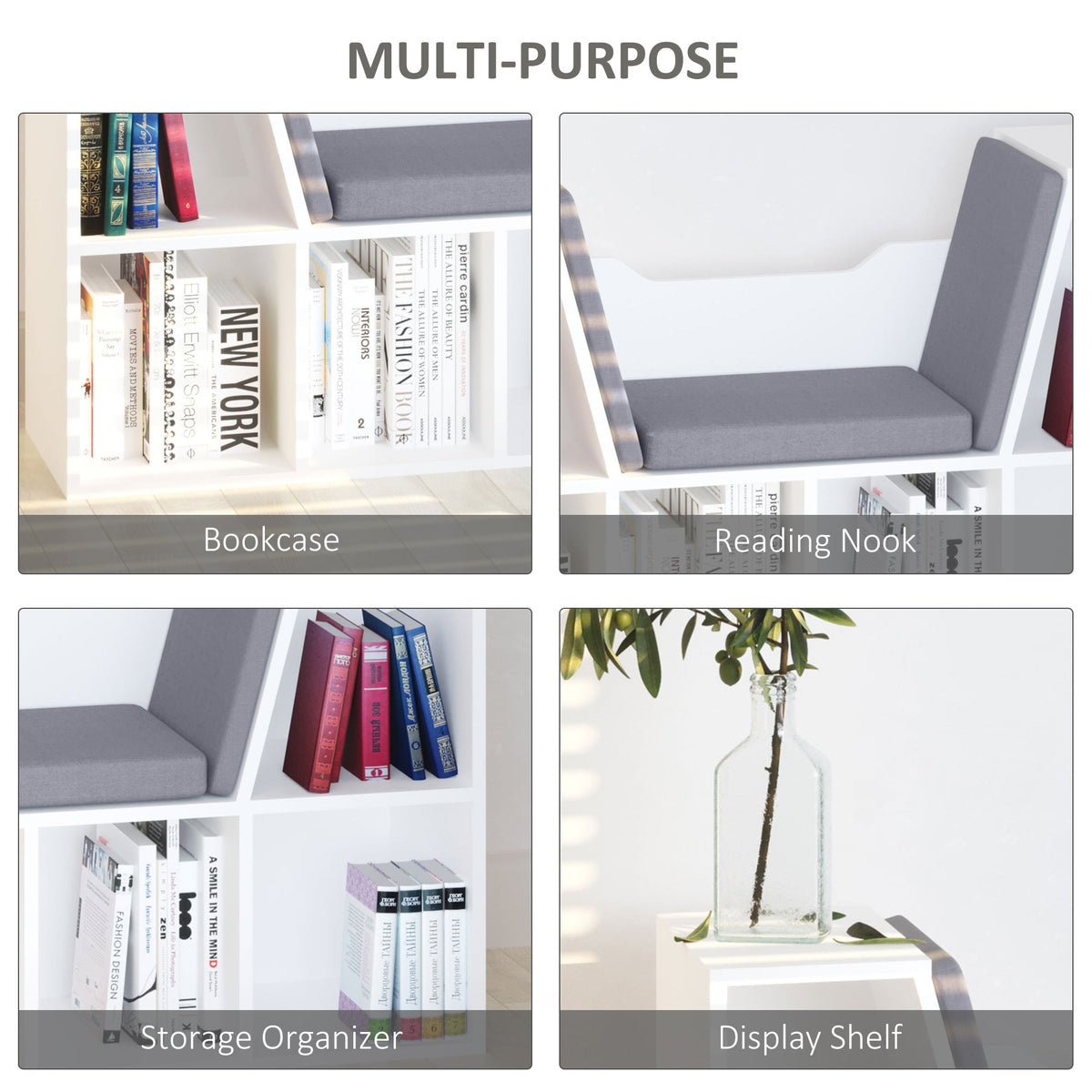 6-Cubby Bookcase with Seat Cushion, Cube Storage Shelf with Reading Nook for Home Office, Study, Blue