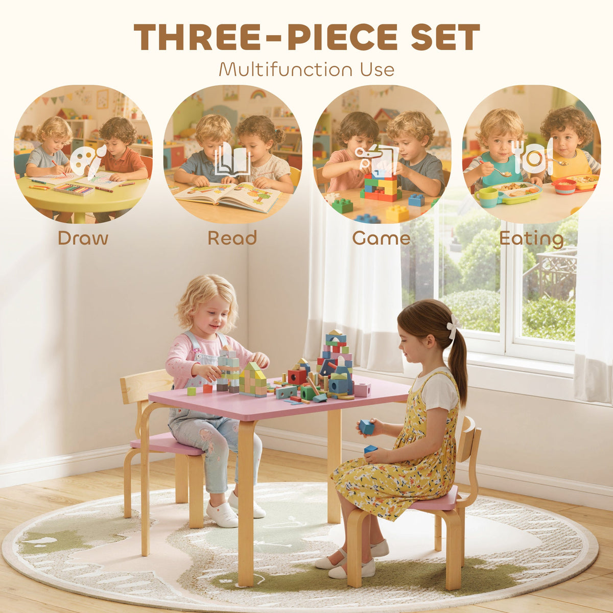Kids Table and 2 Chair Set, Children Multi-Activity Furniture Set for Playing, Learning, Eating, Craft, Blue