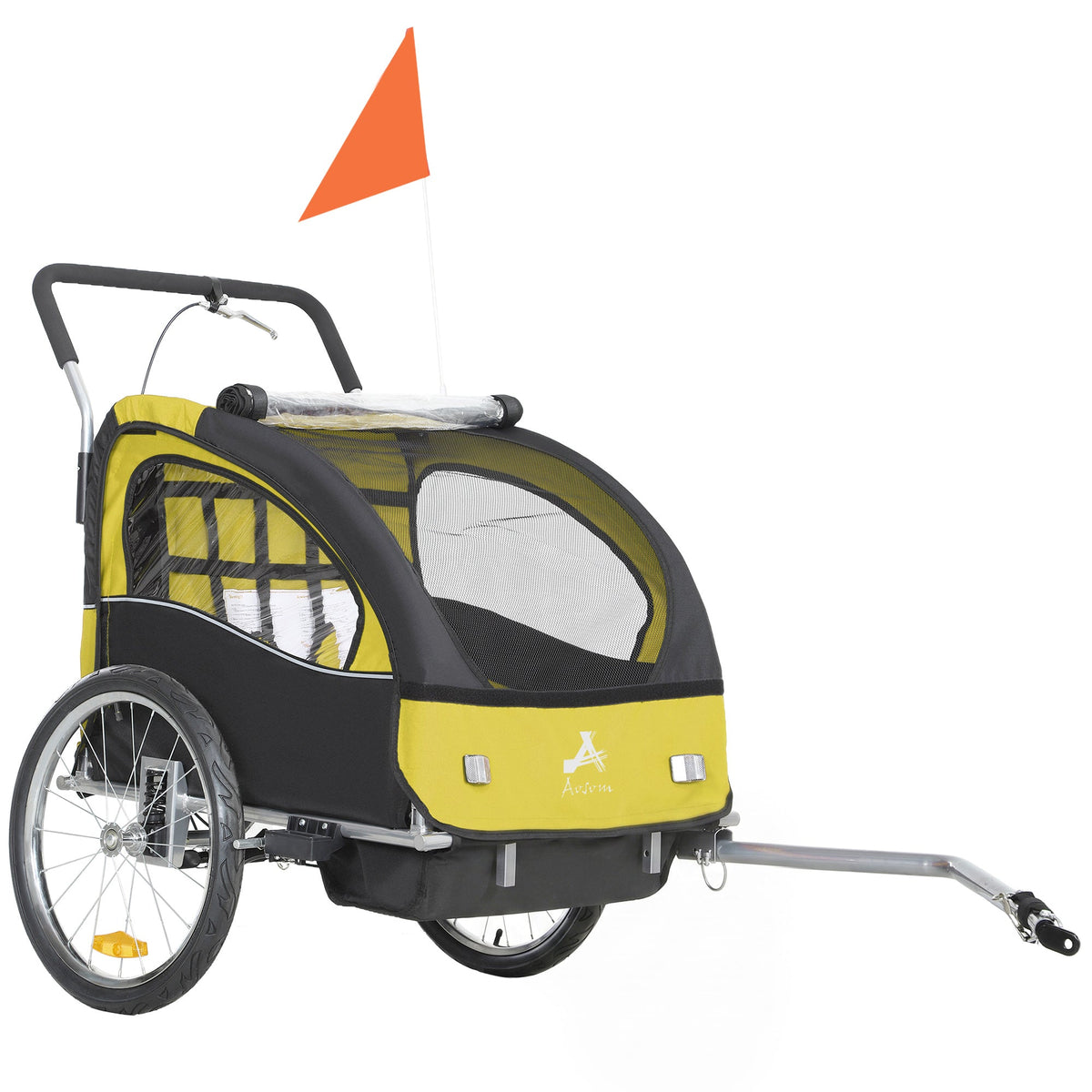 2-in-1 Bike Trailer for Kids, Foldable 2-Seat Baby Stroller with 5-Point Harness, Rubber Wheels, Storage Bag, Black
