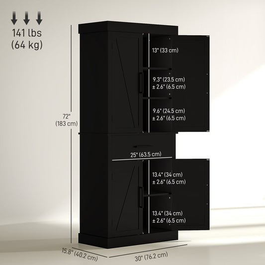 72" Kitchen Storage Cabinet, Farmhouse Kitchen Pantry Cabinet with 4 Barn Doors, Drawer, Adjustable Shelves, Black