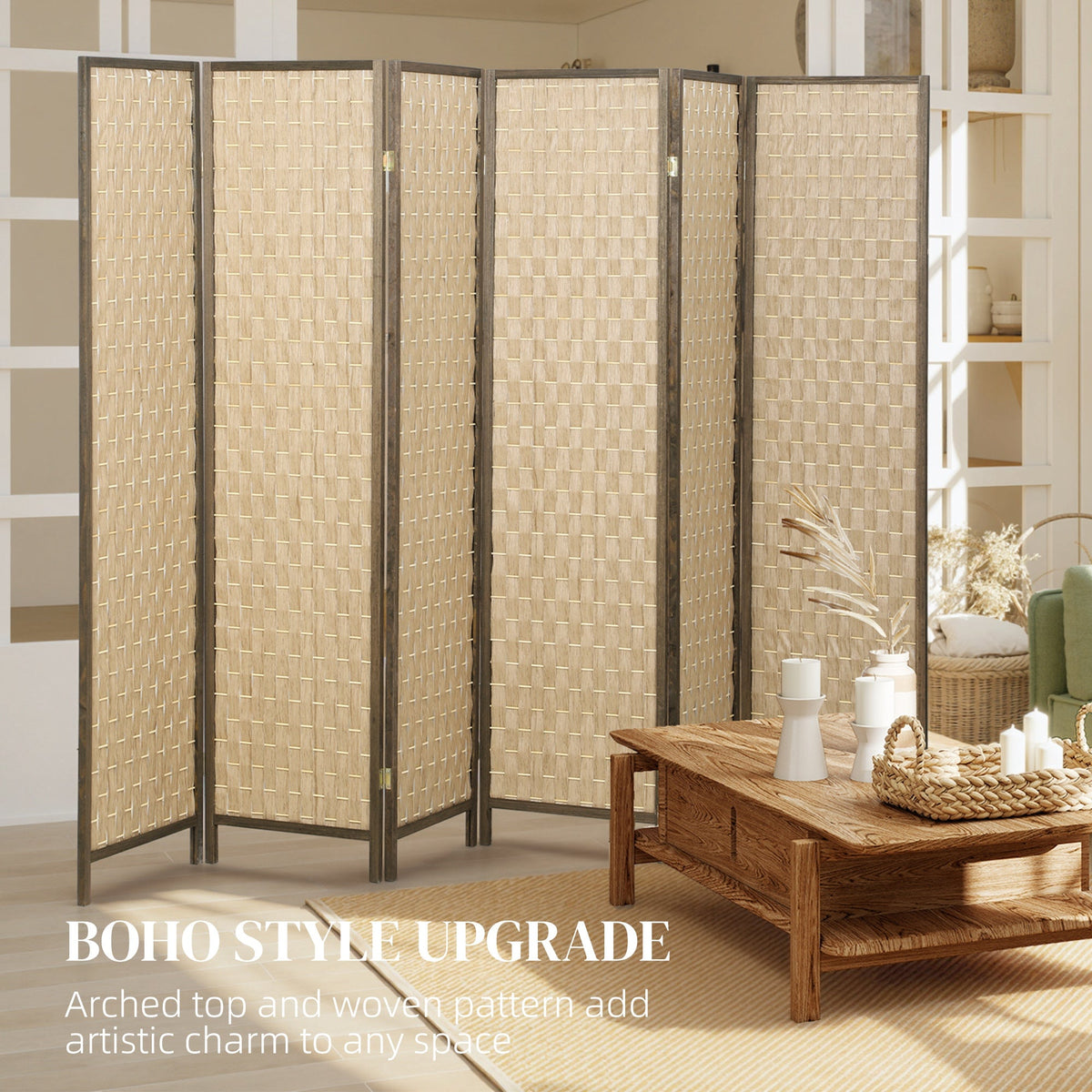 6 FT Room Divider, 4 Panel Folding Privacy Screen, Lightweight Handwoven Freestanding Partition for Home Office, Brown