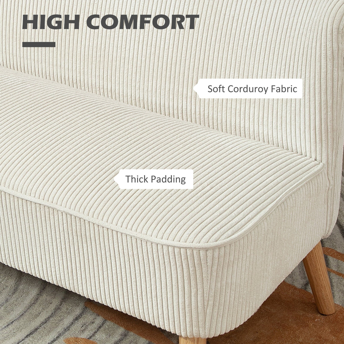 Modern 2 Seater Sofa, Upholstered Two Seater Couch with Rubber Wood Legs, Cream White