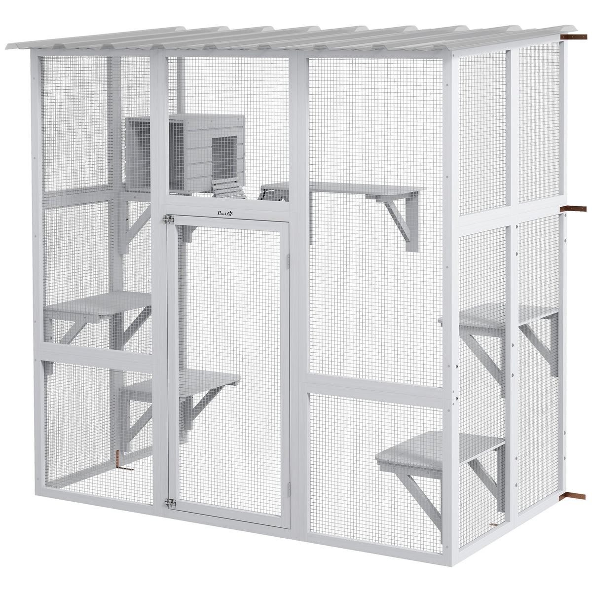 Large Outdoor Catio with Weatherproof Roof, Bridge, Resting Box, Platforms, Grey