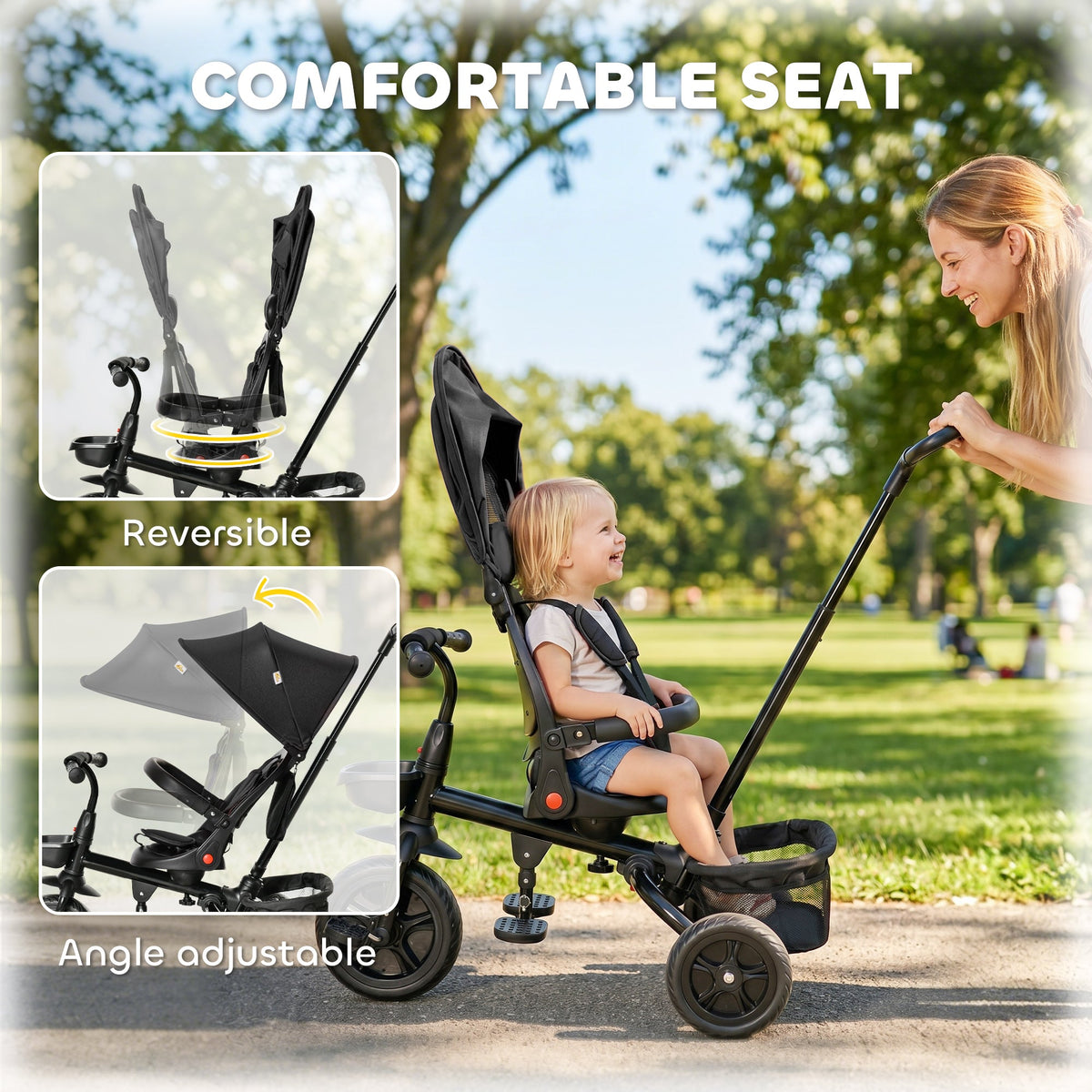 Tricycle for Toddler 5 in 1 Kids Trike, Foldable Converts Stroller to Toddler Bike, Adjustable Backrest & Curved Canopy, Detachable Guardrail & Handle for 1-5 Years Old, Black