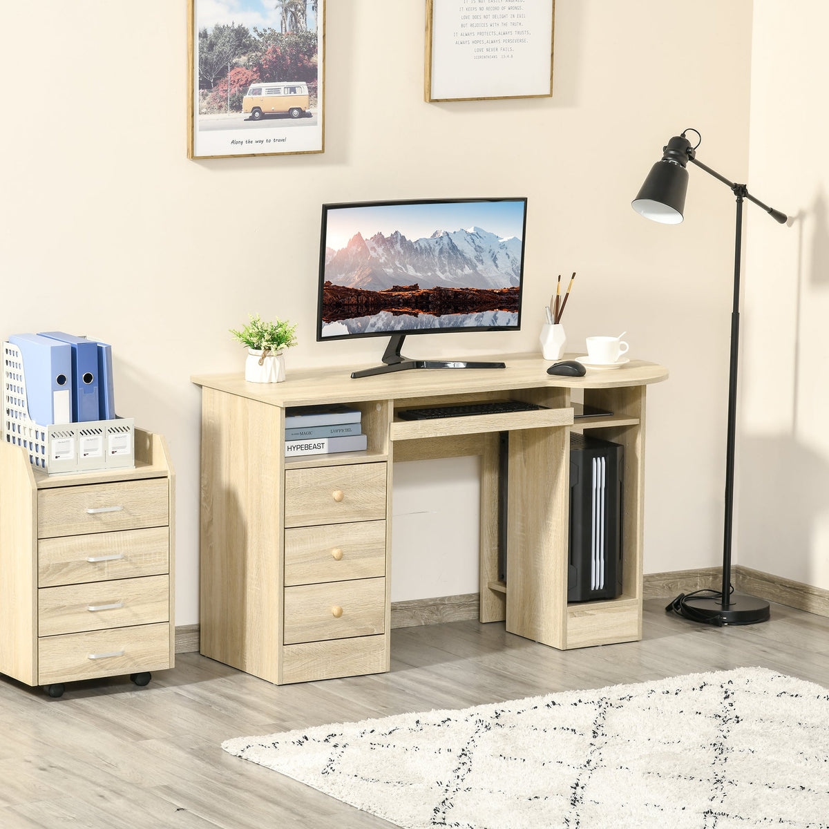 Computer Desk with Storage, Home Office Laptop Table with Shelves and Drawers, Modern Workstation Desk with Keyboard Tray for Study, Living Room, Black